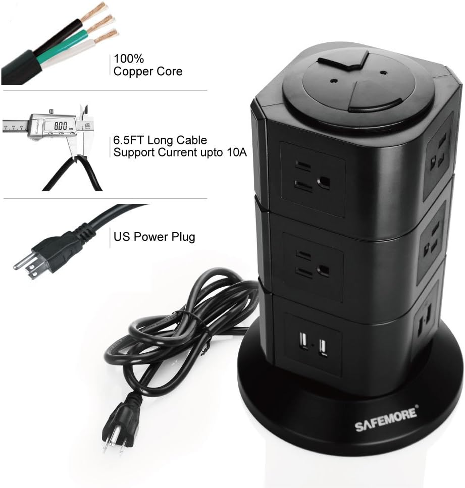 SAFEMORE 10 Outlet Power Strip Surge Protector with 4 USB Charger Ports, Convenient One-Way Push Button,Flexible Tower Power Strip with 6.5Ft Heavy Duty Extension Cord Black