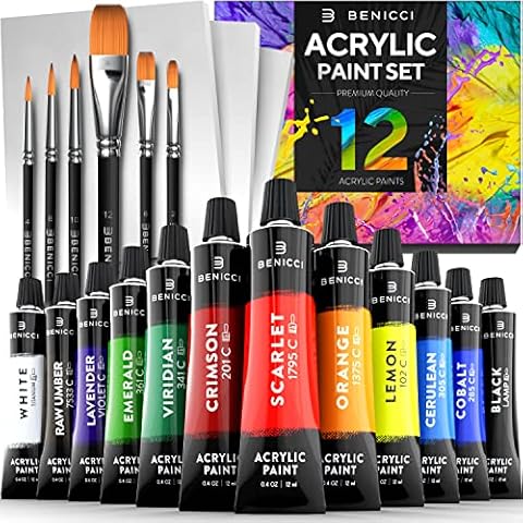 Acrylic Paint Set - 12 Vibrant Colors, 6 Art Brushes and 3 Paint Canvases - for Painting Canvas, Ceramic, Clay, Fabric , Wood & Crafts, Quick Dry & Non-Toxic Paints - for Artists, Kids and Adults Cover