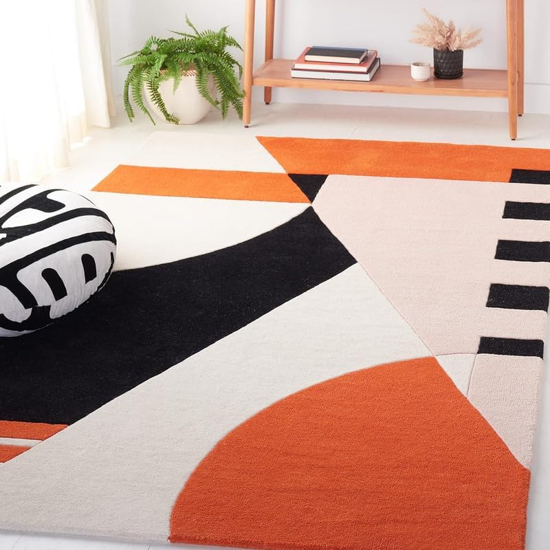 Hand-Tufted Wool Contemporary Area Rug, Minimalist Geometric Pattern Soft Carpet for Living Room, Bedroom Nursery, Office & Hall 9 x 12 Ft Ivory & Rust