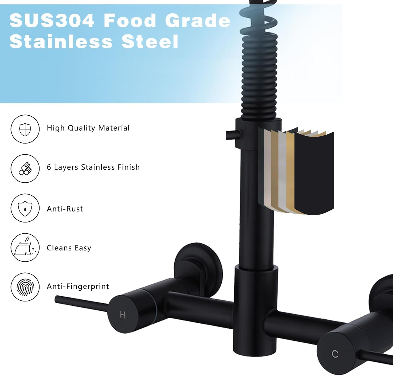 Wall Mount Kitchen Faucet, 8 Inch Center Wall Mount Faucet with Pull Down Sprayer, Commercial Spring Wall Faucet for Kitchen Sink, 3 Functions, Dual Handle, 304 Stainless Steel, Matte Black