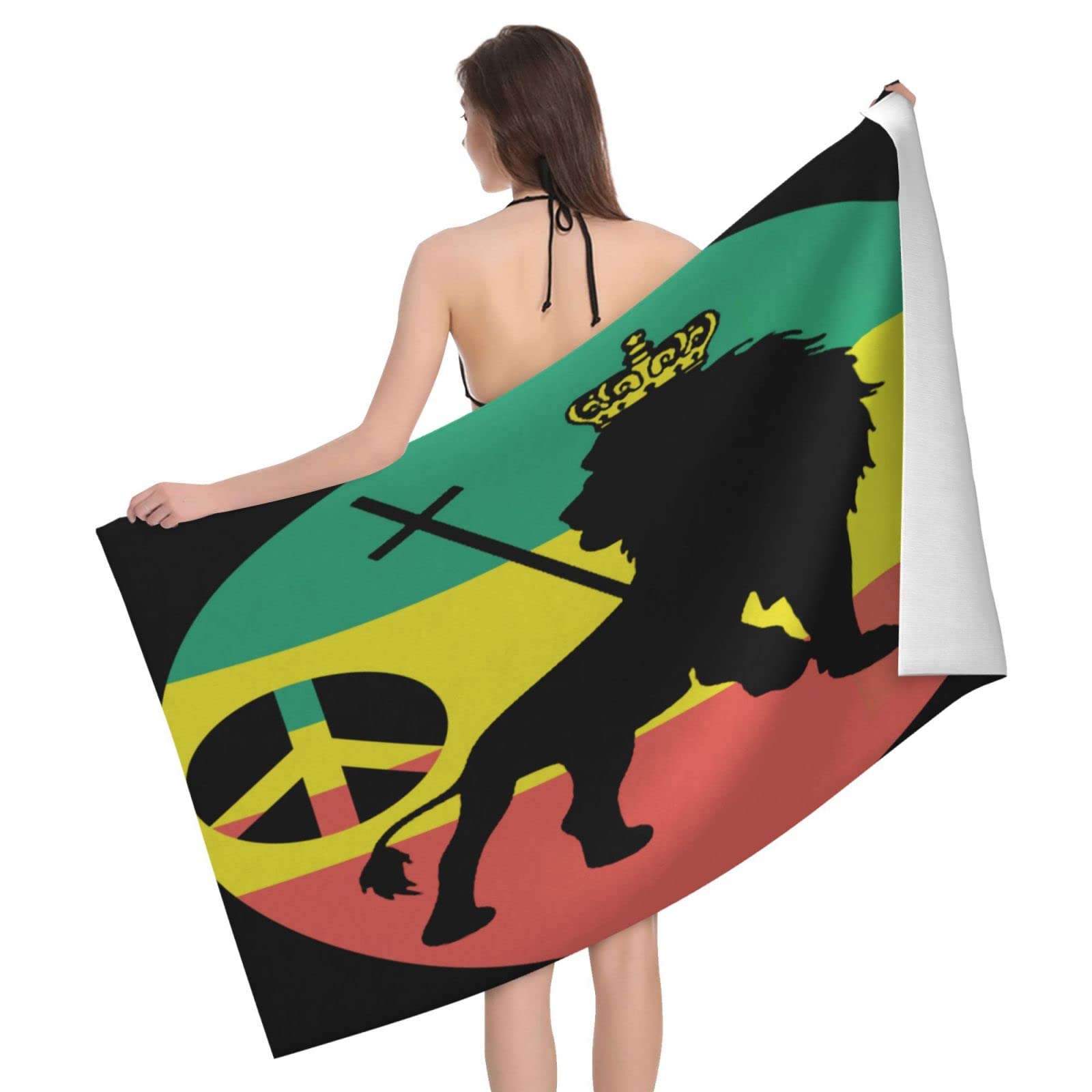 Lawenp Rasta Lion of Judah Flag Beach Towel, Lightweight Sand Free Quick Dry Microfiber Absorbent Bath Towel for Kids, Adults, Swimming, Bath, Yoga, Pool, Travel, Camping 32"X52"