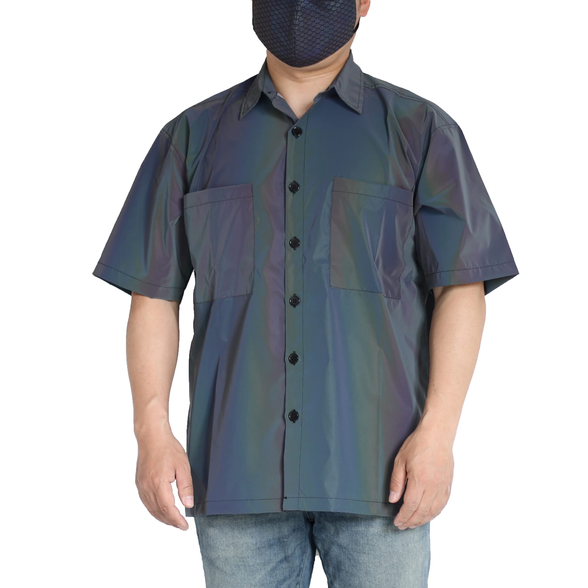 NewLMens Short Sleeve Rainbow Reflective Shirt Button Up Summer Rave Party Shirts Collared Fashion Holographic Festival Top