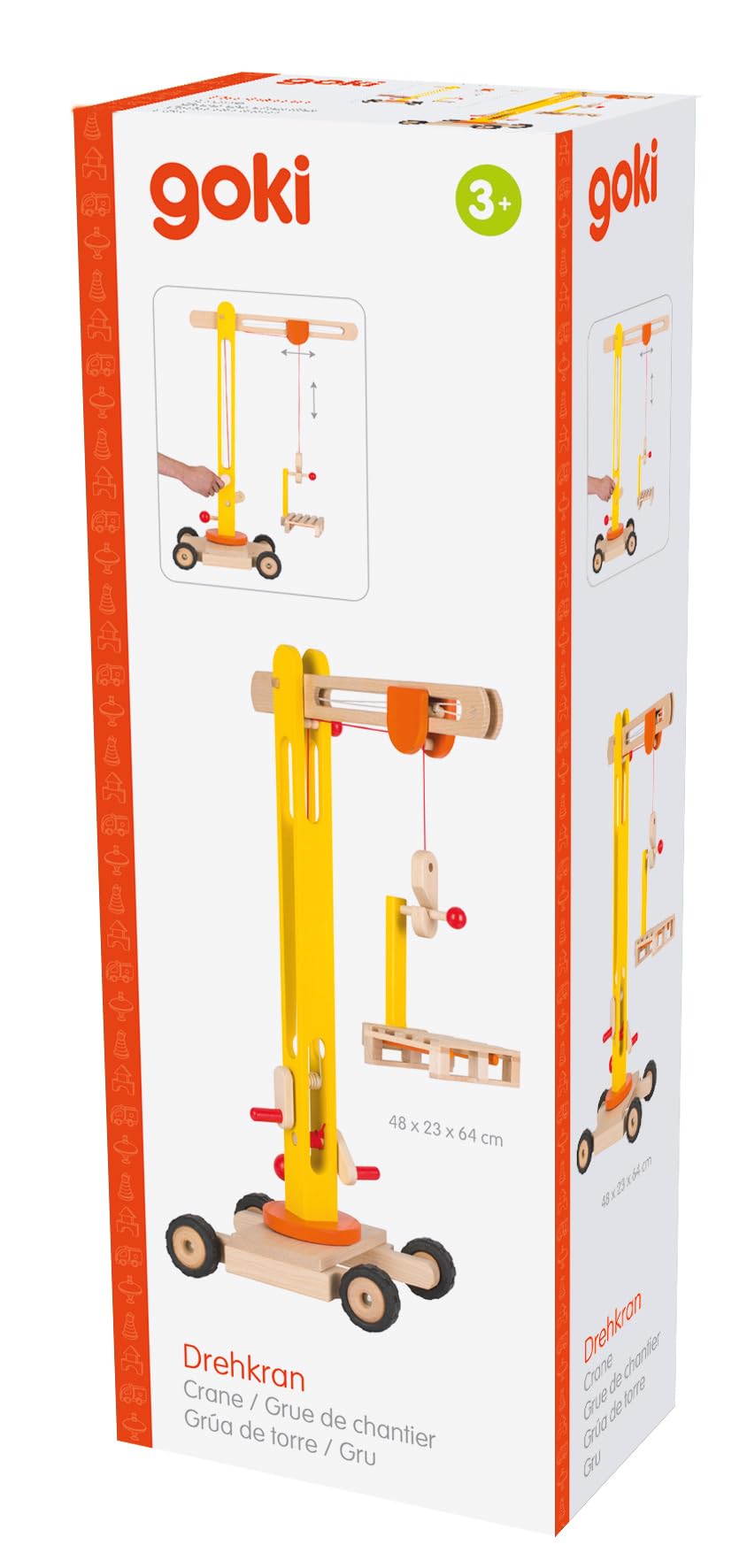 goki Drehkran aus Holz - 64 cm, 360° schwenkbar, mit Gummibereifung und Zubehör - Robustes Material, leichtgängige Kurbeln, inklusive Holzpalette und Palettengabel, sicher für Kinder ab 3 Jahren