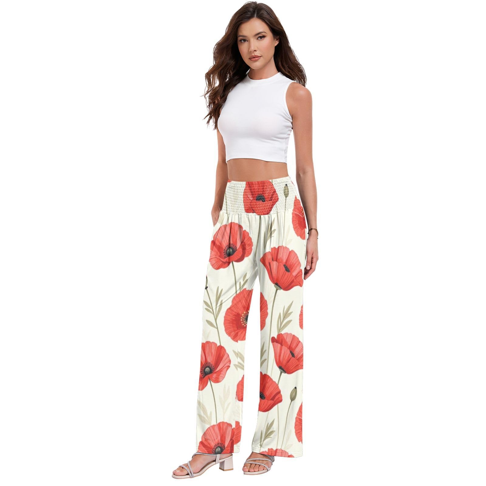 Pantalones largos casuales con patrón de tulipanes rojos para mujer, resistentes a las arrugas, viajes casuales