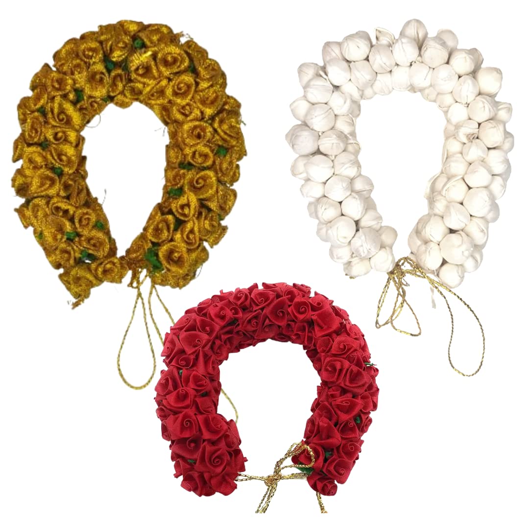 Curated Cart Gajra for Hair – Artificial Mogra Flowers for Bun & Juda, Stylish Veni Hair Accessories for Women & Girls, Set of 3 (Red, White & Gold)