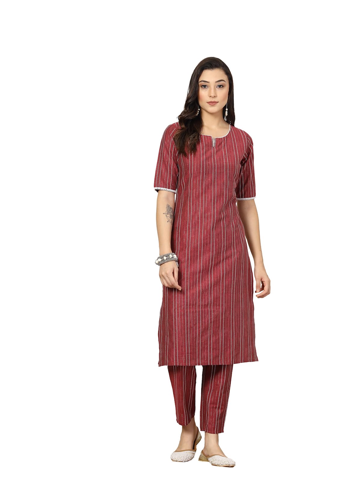 Stylum Women's Self Woven Striped Cotton Blend Straight Kurta Pant Set