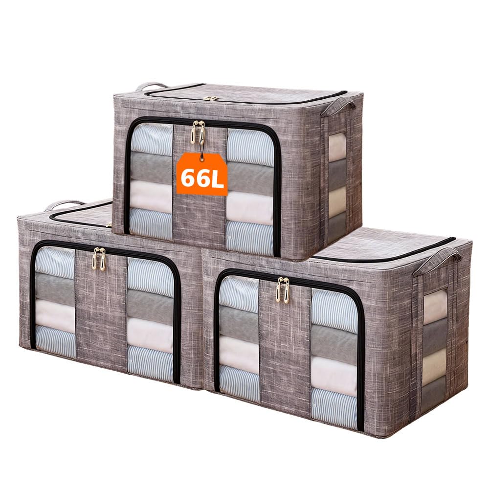 Ccarzzi 3 Pack Clothes Storage Boxes, 66L Foldable Storage Boxes with Lid, Fabric Steel Frame Box with Double Opening Zips and Clear Windows for Storing Bedding, Blankets, Toys