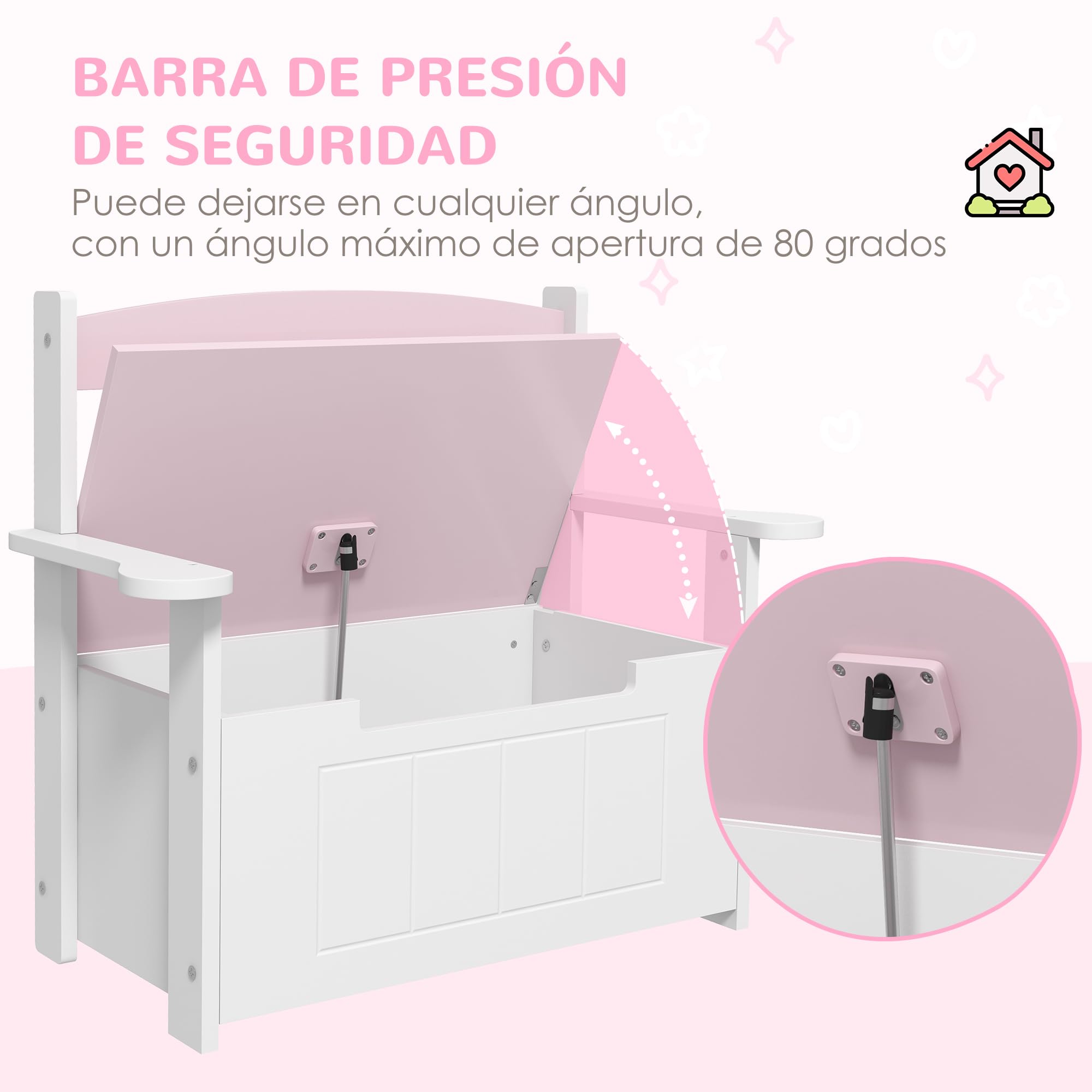 AIYAPLAY Baúl para Juguetes Infantil, Banco Almacenaje para Niños, con Respaldo y Tapa Amortiguadora, Carga 30 kg, para Salas de Juego, Dormitorio, 68,5x34x58 cm, Rosa y Blanco