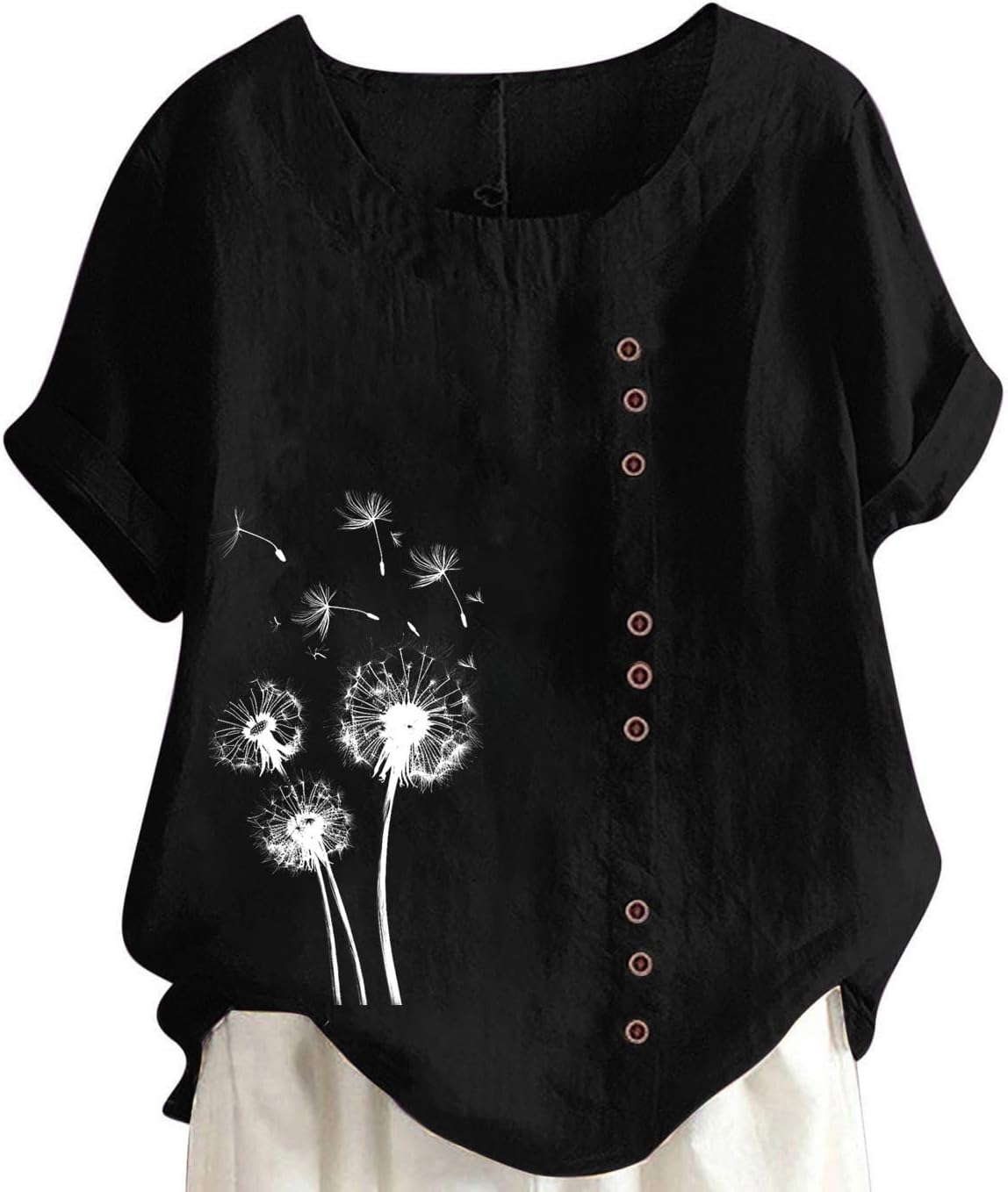 Plus Size Linen Tops for Womens Crewneck Roll Up Short Sleeve Tshirts Floral Print Blouse Casual Loose Shirt