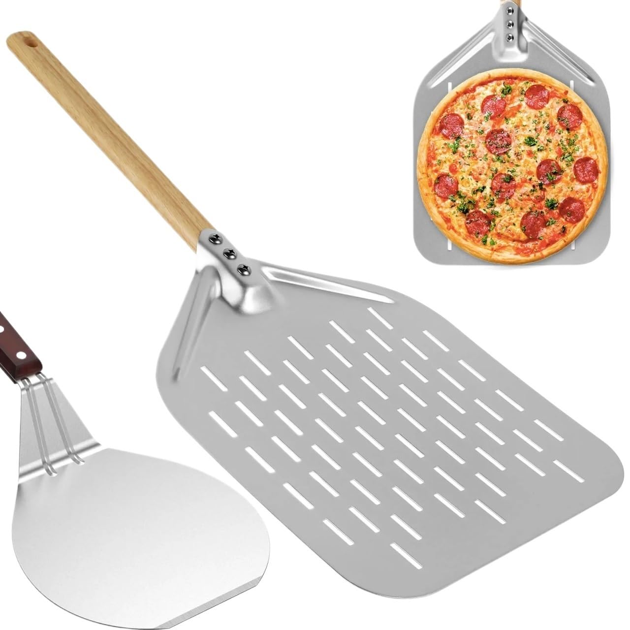 Pala Per Pizza Pala for pizza in metallo antiaderente da 6,5/10/12 pollici con manico in legno, vassoio di trasferimento for sollevare torte, for la cottura fatta in casa e pane(10 inch)