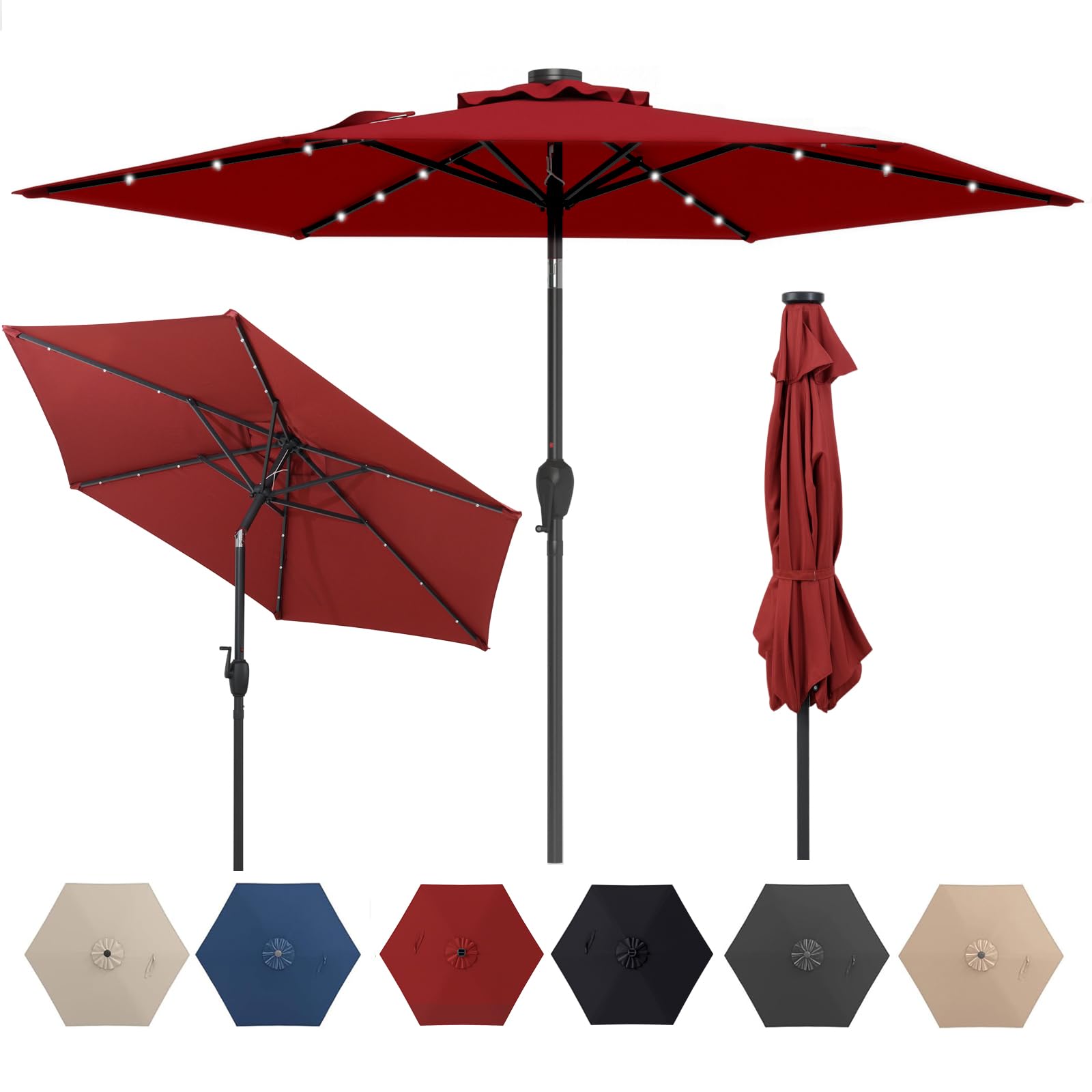 RELAX4LIFE Parasol Inclinable LED 230cm, Parasol de Jardin Extérieur LED, 6 Baleines Robustes, Mât en Métal, Manivelle, Inclinaison à 35°, Protection Solaire pour Balcon Terrasse (Bordeaux)