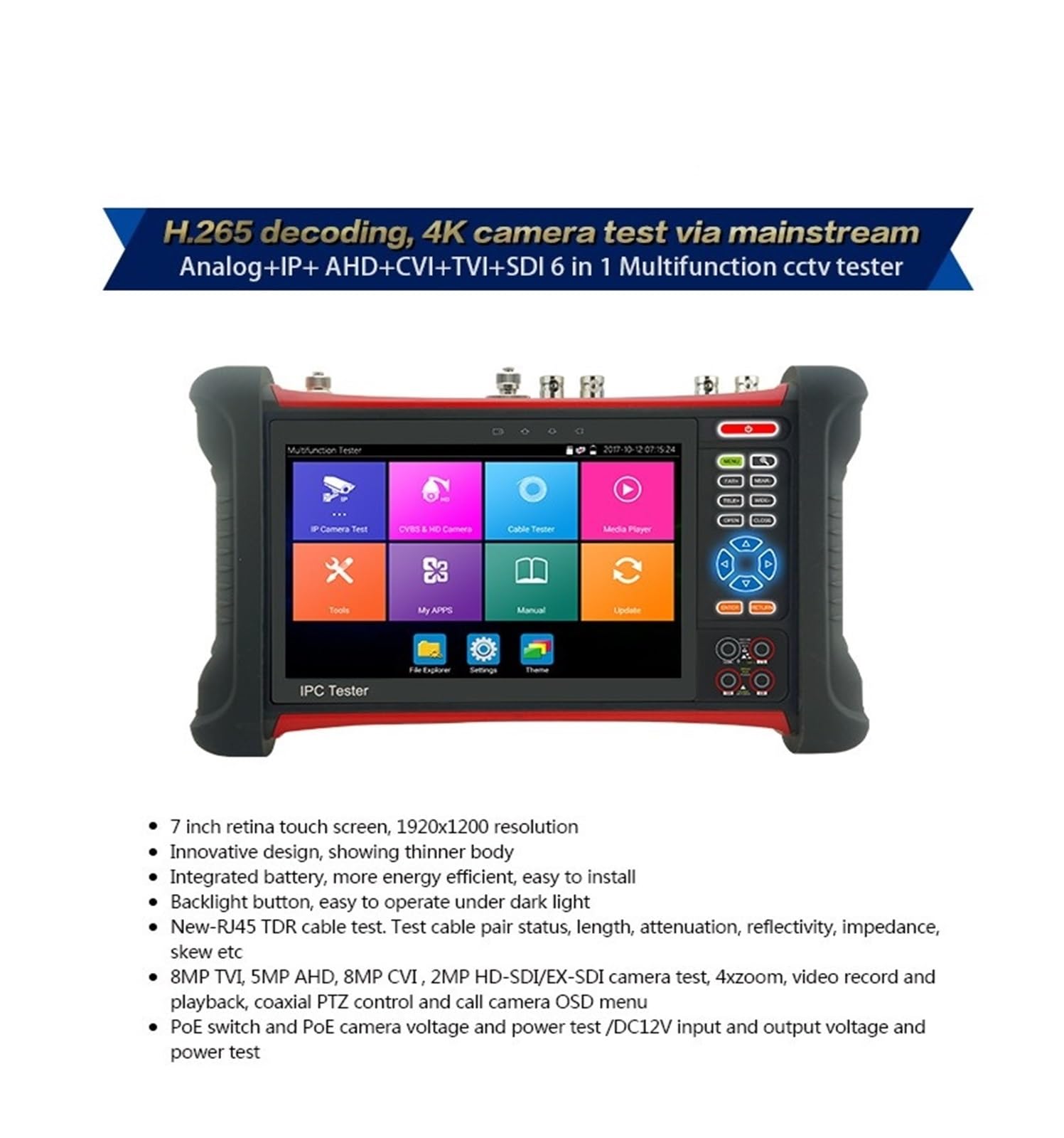 Monitor testowy CCTV, Tester CCTV IP TVI 8MP, CVI 8MP, AHD 5MP/HD SDI/EX-SDI Monitor Testowy CCTV Z Kablem RJ45 TDR Dla X7ADH