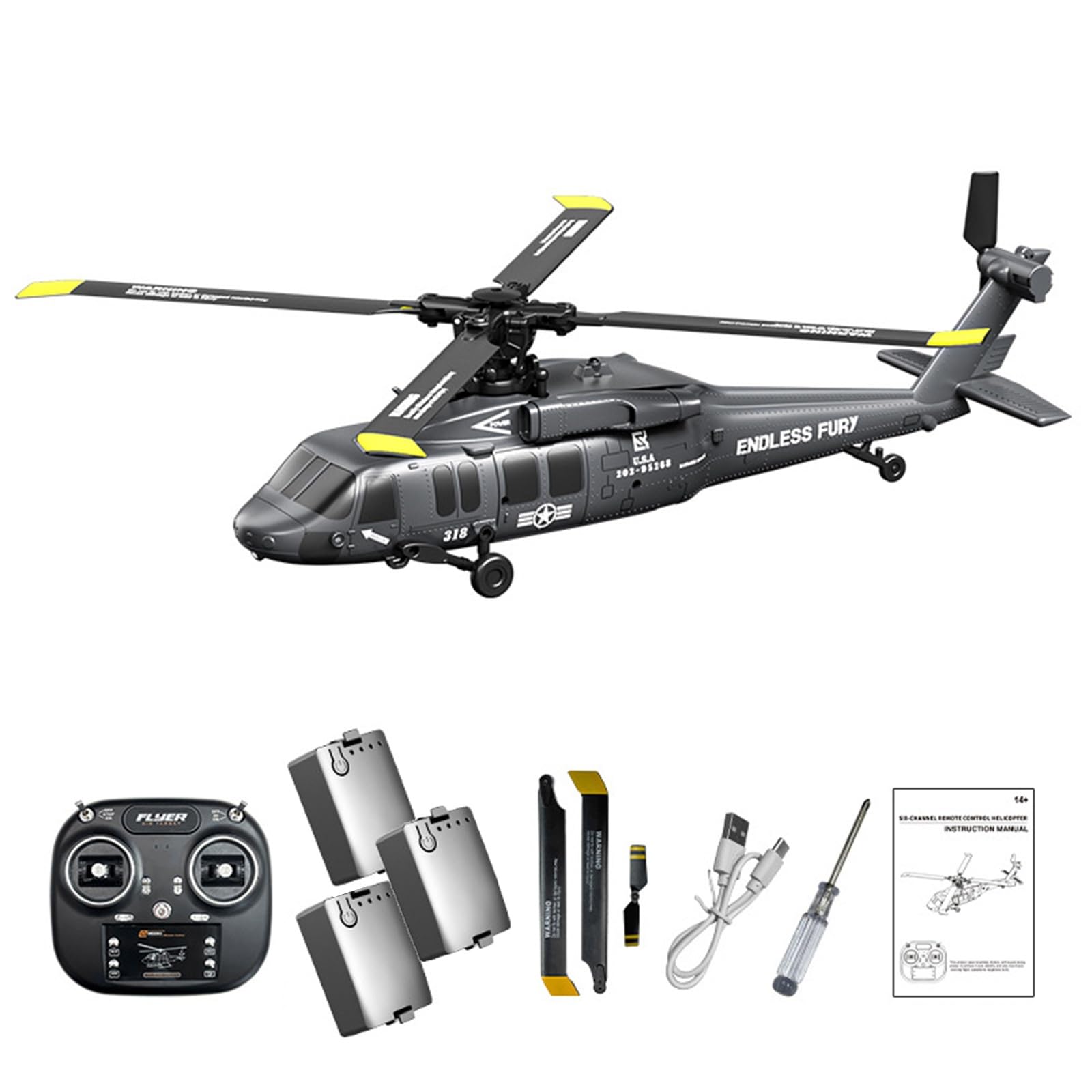 Elicottero radiocomandato K200 UH-60 per Black-Hawk radiocomando brushless a 6 canali, giroscopio a 6 assi velivolo militare con 3 velocità e posizionamento ottico Regalo(Silver)