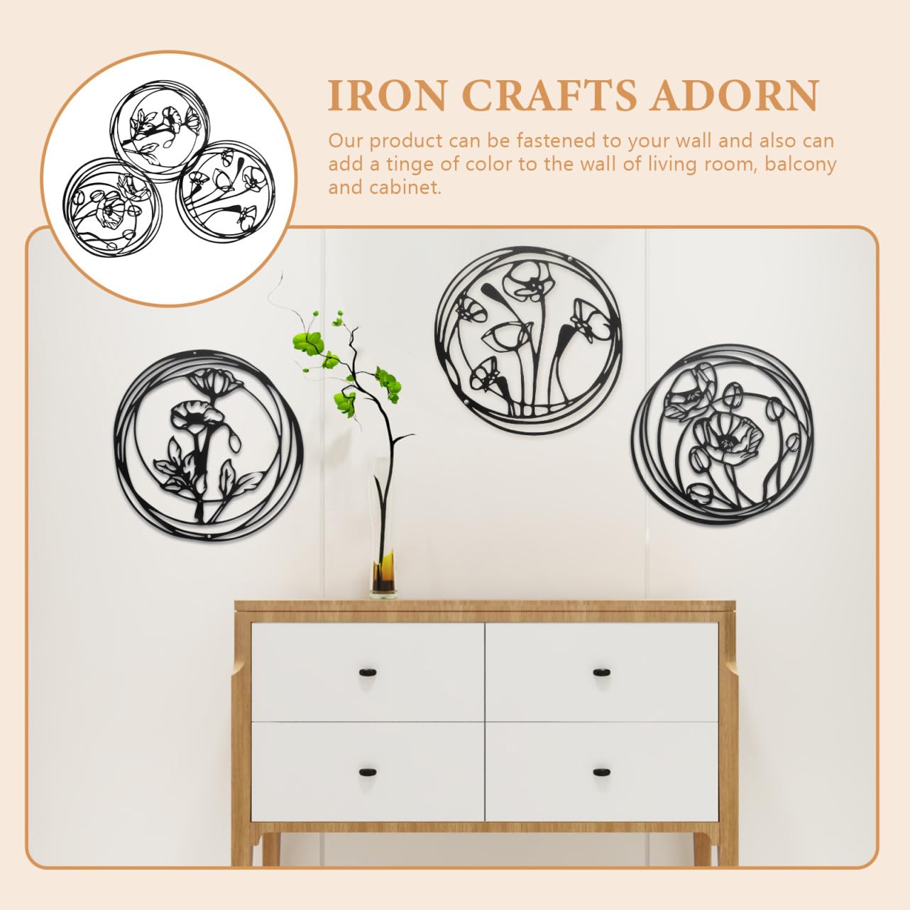 ULDIGI Decoraciones de Pared Flores de Hierro Negras, 3 Piezas | Diseño Geométrico y Circular, Colgante Fijable, Apto para Jardín y Armario