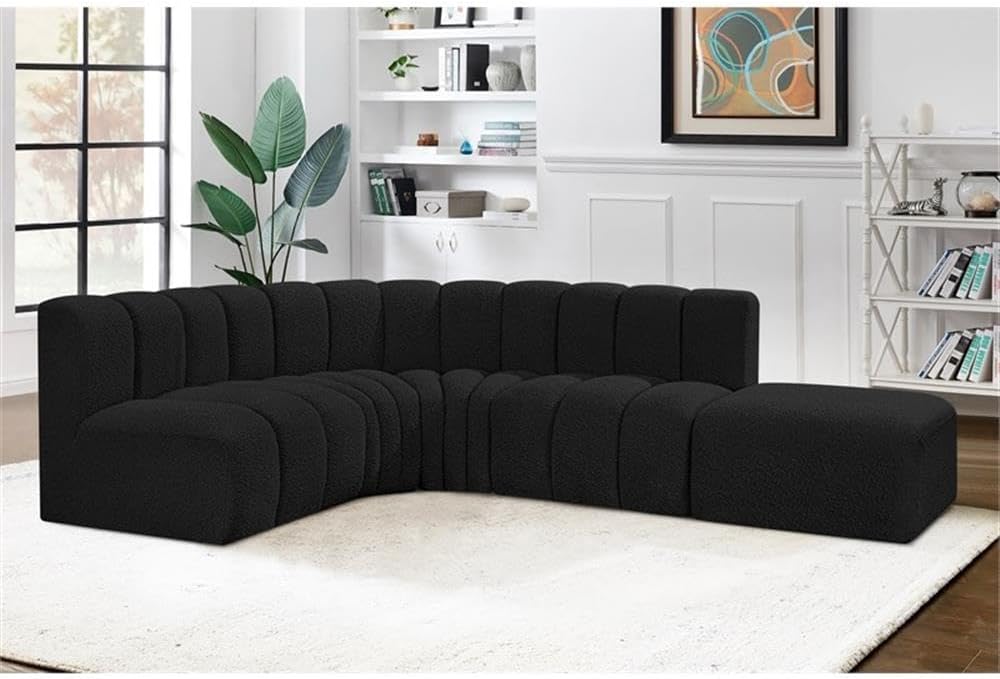 BOWERY HILL Contemporary Black Boucle Modular Sectional, 127 in W x 61 in D x 30 in H, Deep Channel Tufting, Modular Design, Rich Black Boucle Fabric, Living Room or Den Seating Configuration