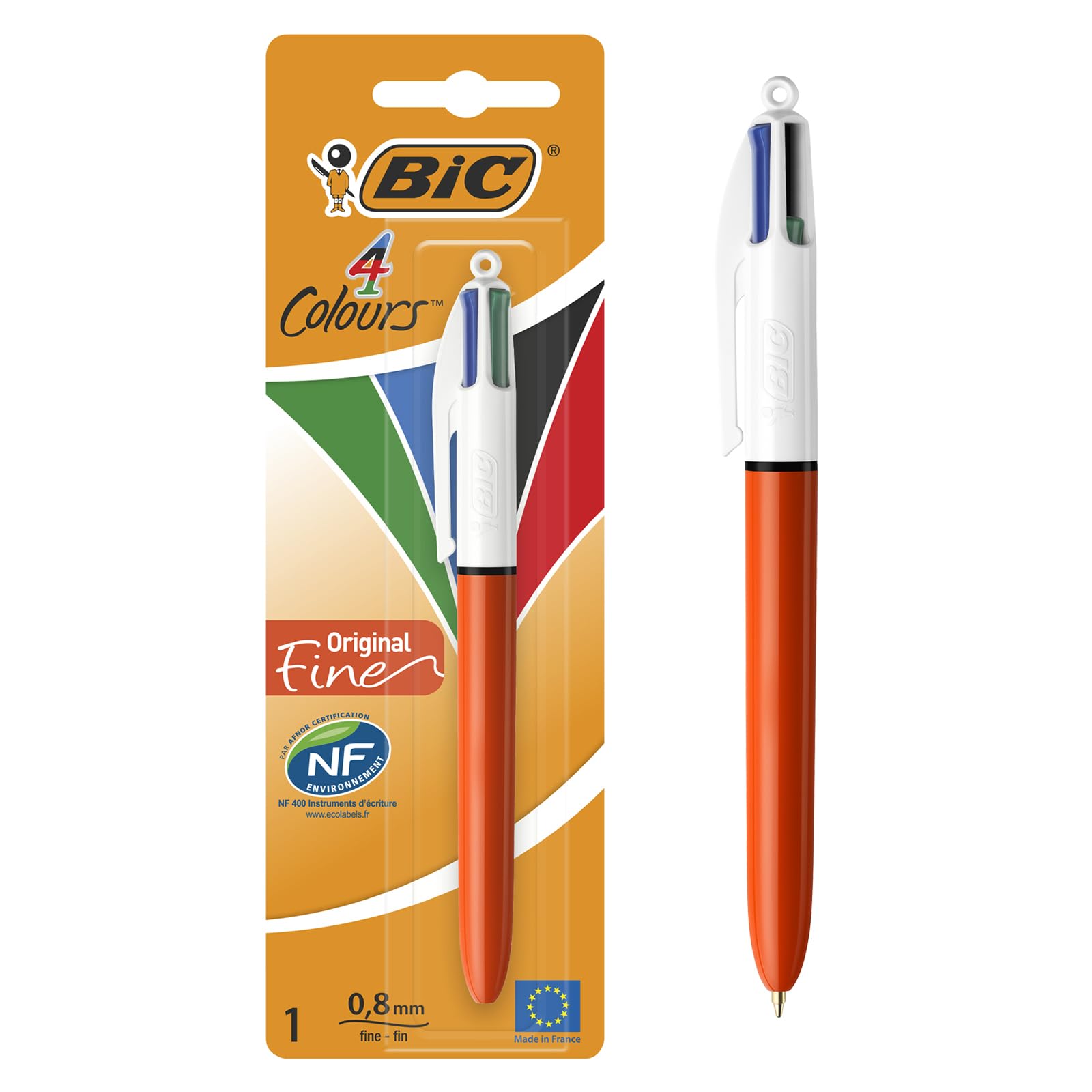 BIC 4 Couleurs Original Stylo-​Bille Rétractable Pointe Fine (0,​8 mm) - Blister de 1