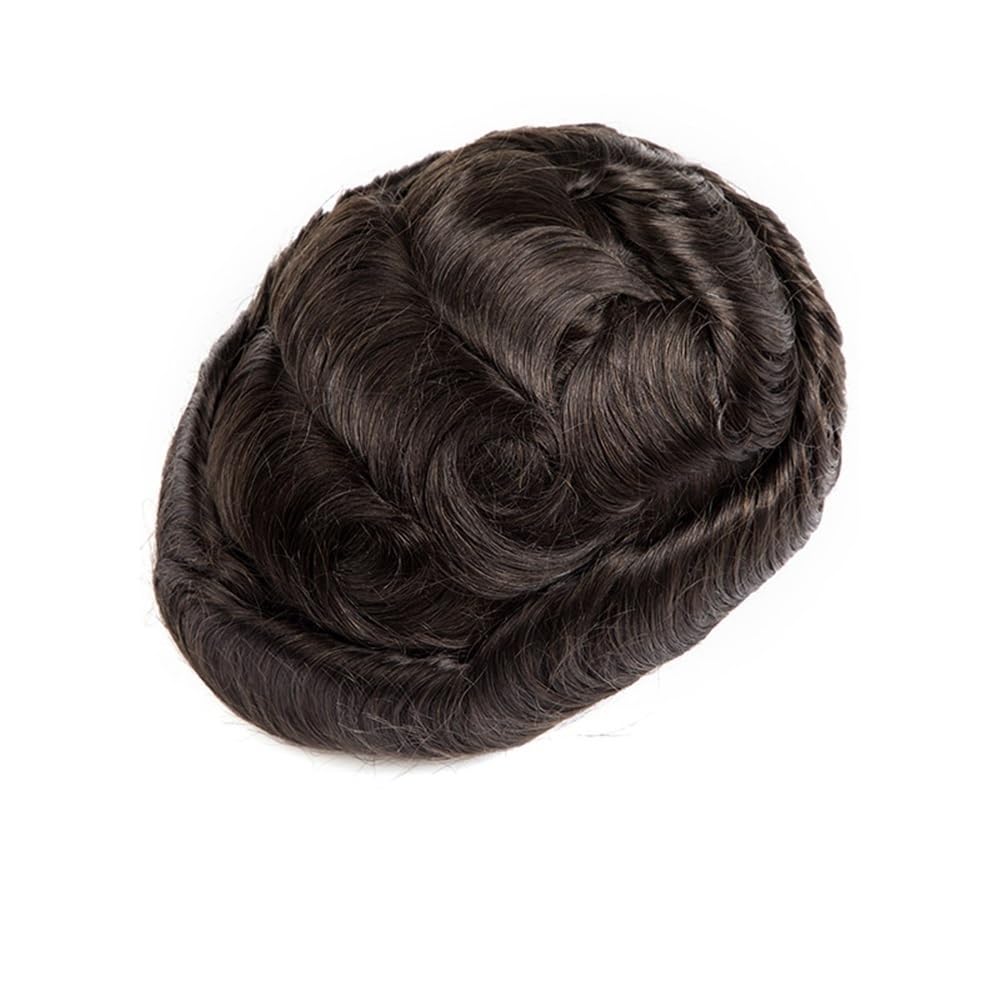 Men's Toupee Parrucca da uomo in capelli umani, traspirante, mono superiore, con perimetro in PU, frontale in pizzo svizzero(2#,6x9)