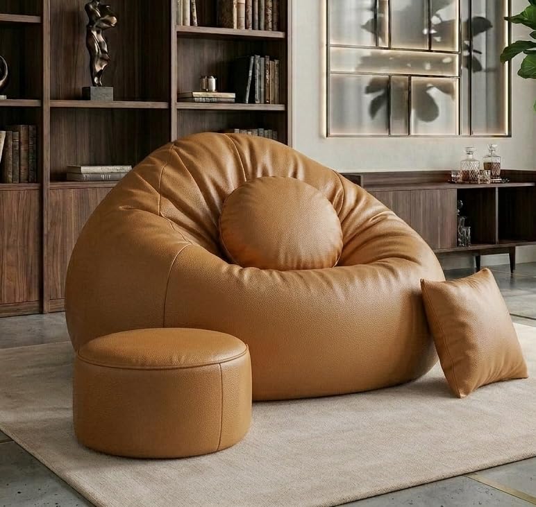 Image of 2XL Teardrop Bean Bag Chair Set with Footrest & Two Cushion, Faux Leather, Indoor Gaming and Lounging, Adult Size (Camel, XXL, Solid)