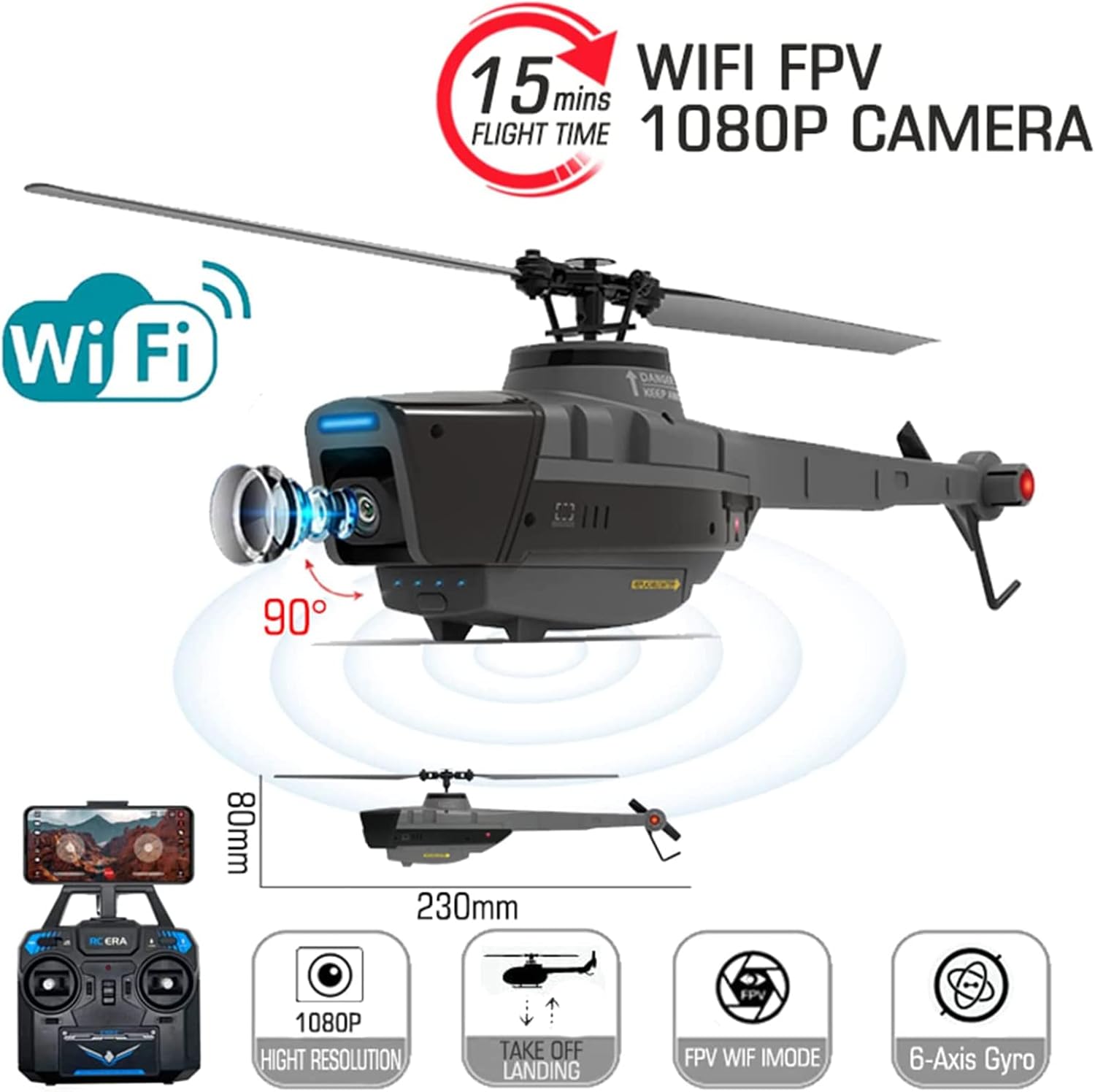 Remote Control Helicopter, RC Helicopter with 1080P Camera, One Key Take Off/Landing,Mini Helicopter with 6-Axis Gyro Optical Flow Localization for Adults Kids (23 * 8cm)
