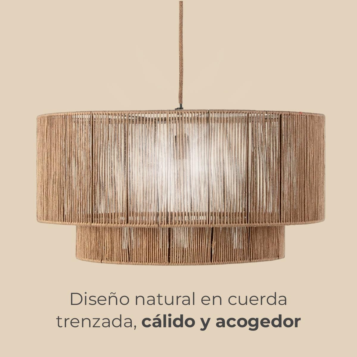 Els Banys - Lámpara de Techo Modelo Boston - Estructura Metálica y Acabado en Cuerda Natural Marrón – Ø60cm x 30cm – Cable de 180 cm – Casquillo E27 – Estilo Natural y Acogedor