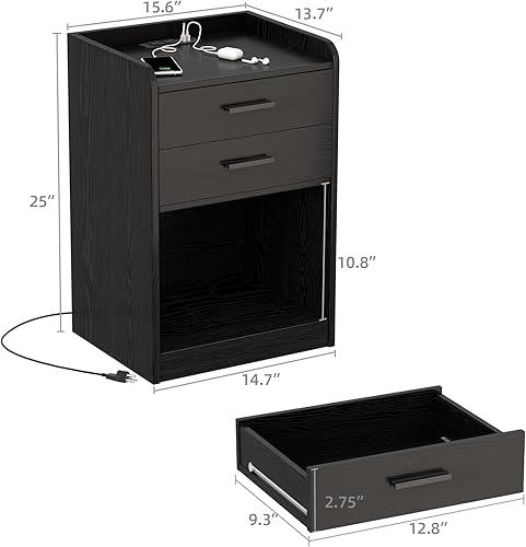 Miniatura 3 de Mesas de noche, mesita de noche LED con estación de carga, mesa auxiliar pequeña de madera con cajón para dormitorio, sala de estar, color negro