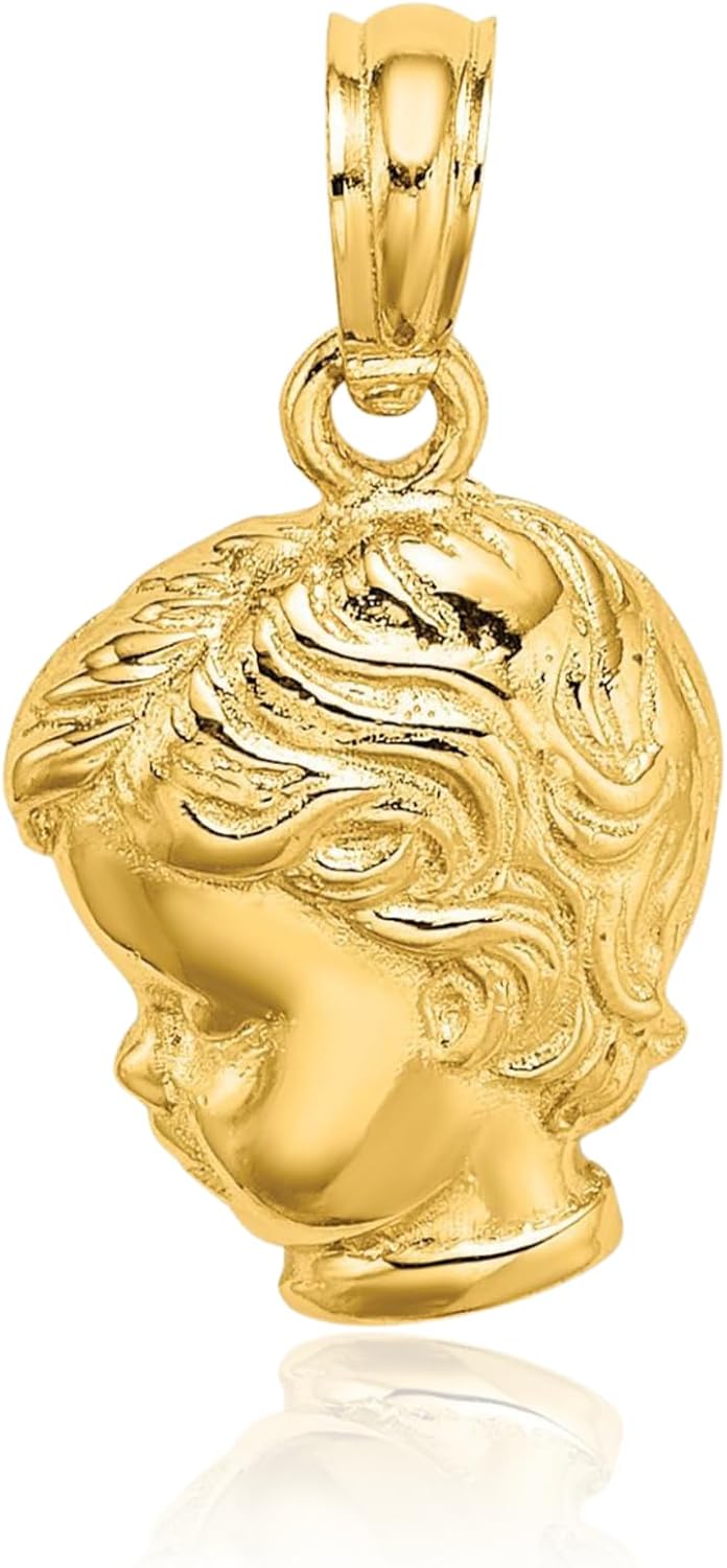IceCarats 14K Solid Yellow Gold Small Boy Head Medal Pendant Necklace 15.8mm 5/8 inch Polished, Matte For Her