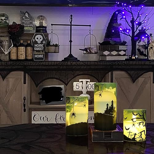 Miniatura 59 de Eldnacele - Velas LED parpadeantes sin llama de Halloween con temporizador de 6 horas, velas de cera que funcionan con pilas, con calcomanías