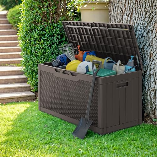 Image of Greesum 100 Gallon Resin Deck Box Outdoor Storage with Cushion, Dark Brown