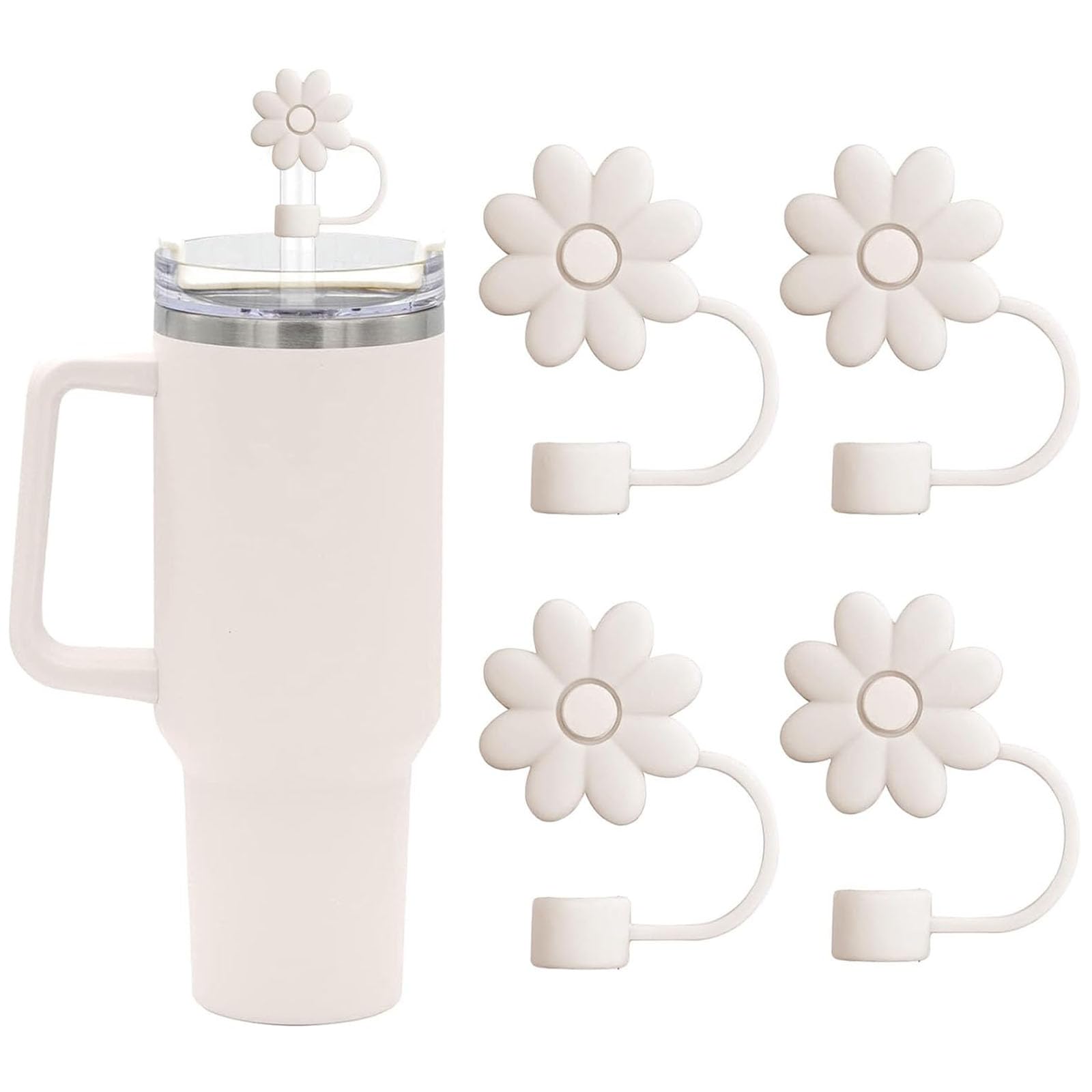 4 Pcs Flower Straw Covers Toppers for Cups 30&40 Oz Tumbler Accessories Silicone Straw Caps Reusable Straw Tips Protectors for Cup 0.4 * 1.1 inch Straws,White