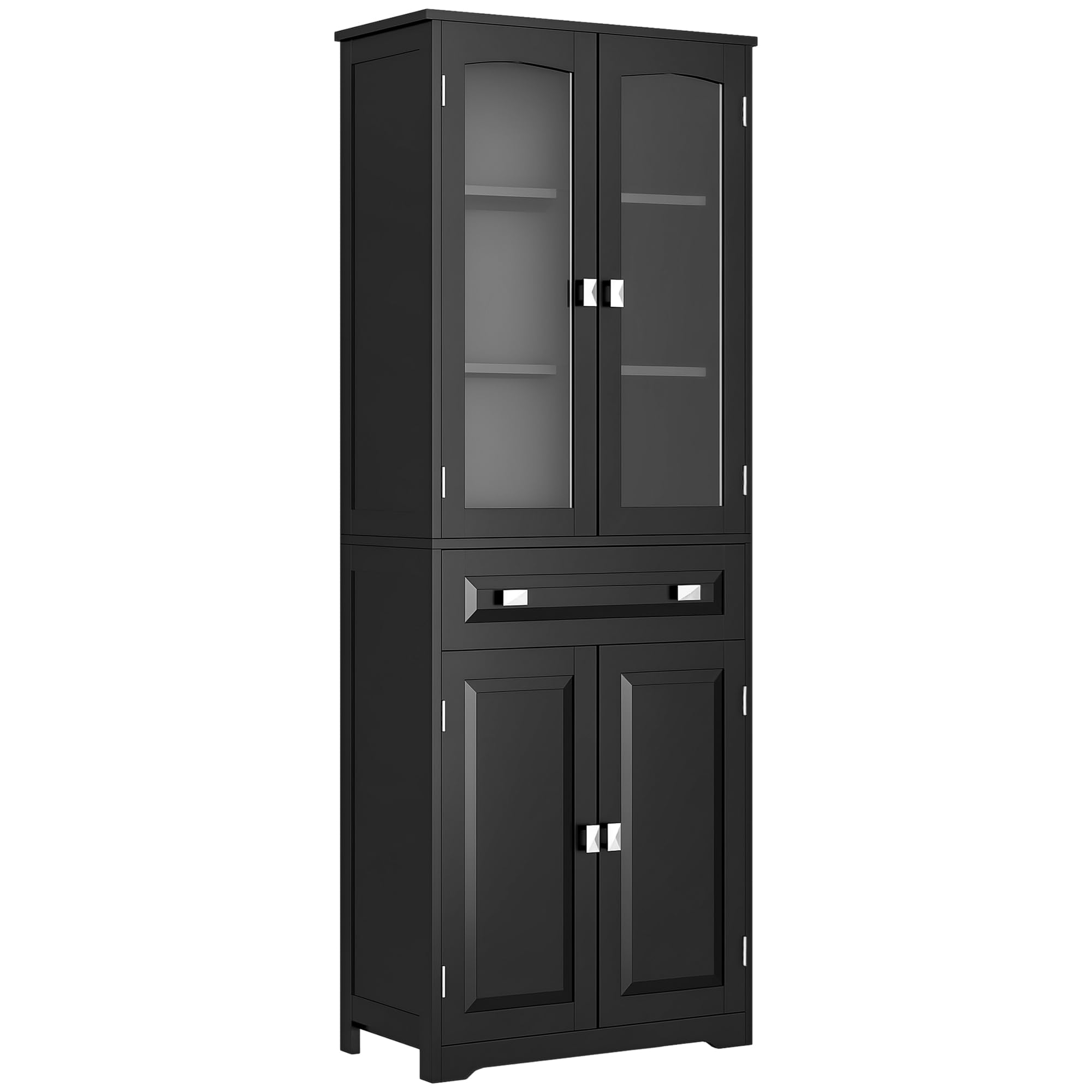HOMCOM Armoire de Cuisine Buffet Haut 160 cm Noir | 4 Portes dont 2 Portes Vitrées, 1 Tiroir, Étagères Réglables