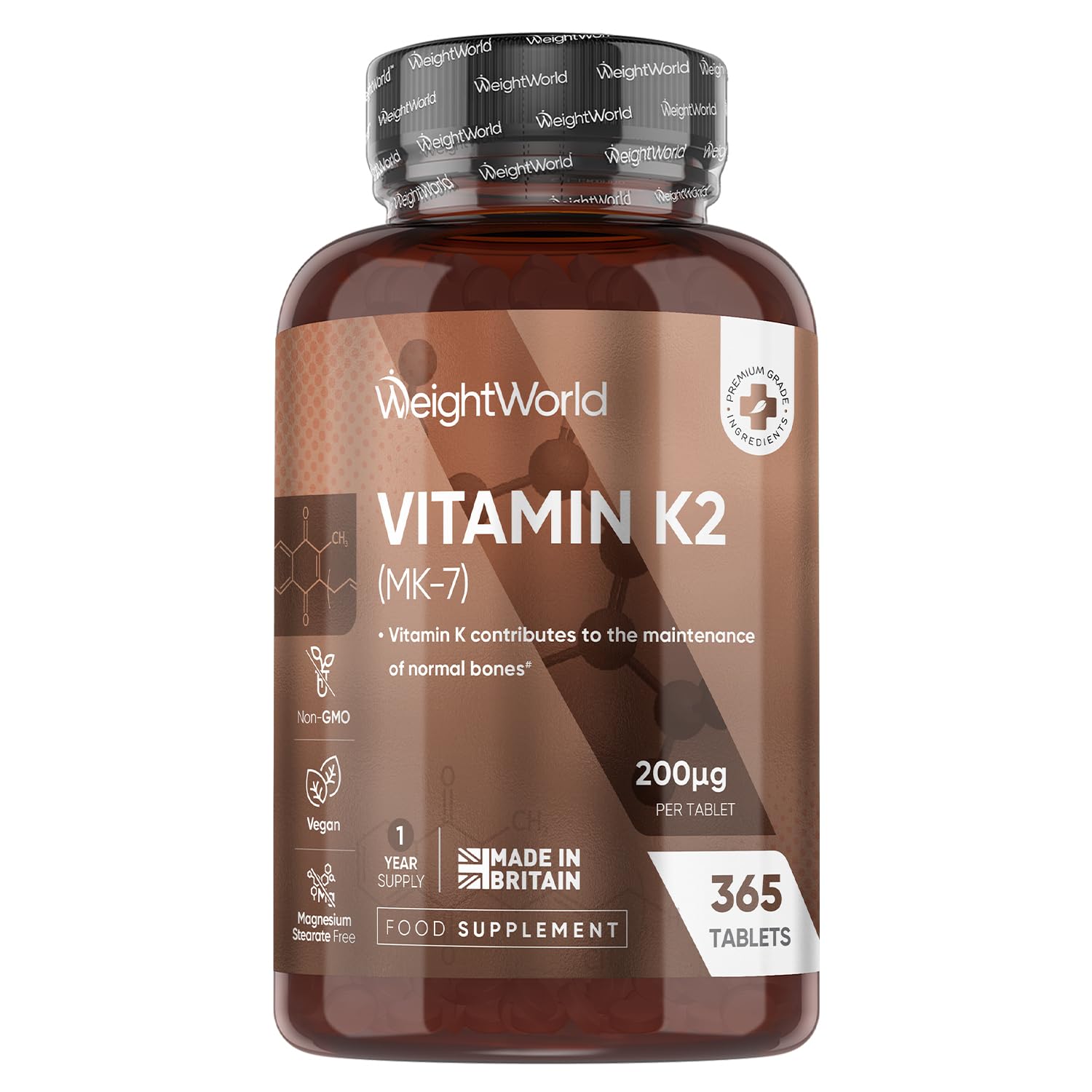 Vitamin K2 MK7 200mcg - 1 Year Supply - 365 Vegan Tablets - 1 per Day - Bioavailable Form - Non-GMO & Magnesium Stearate-Free K2 Vitamin Supplements - Made in The UK