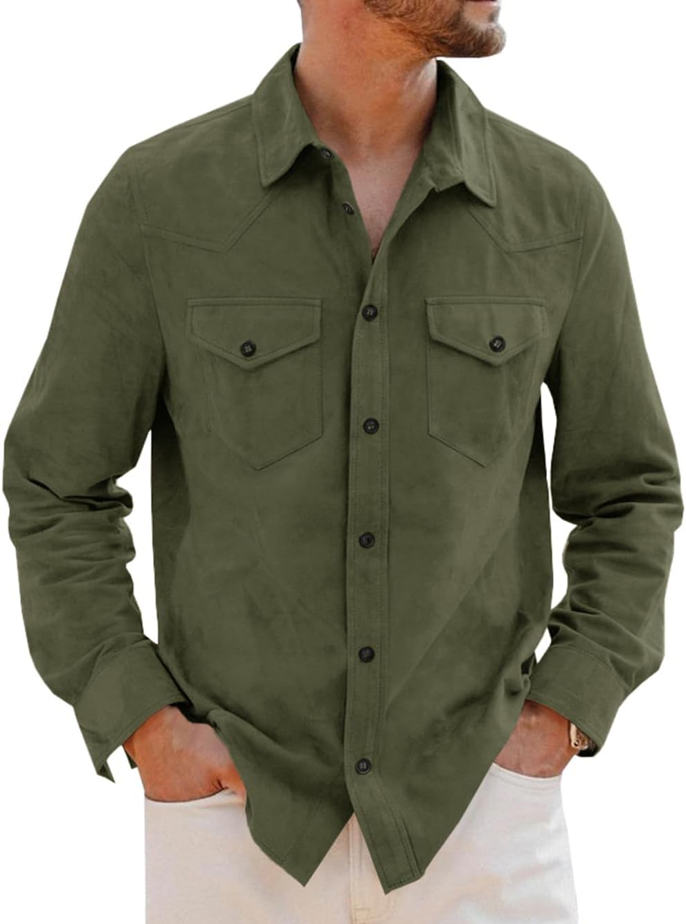 Runcati Mens Long Sleeve Suede Shirts Button Down Shacket Casual Work Western Regular Fit Shirt Jacket