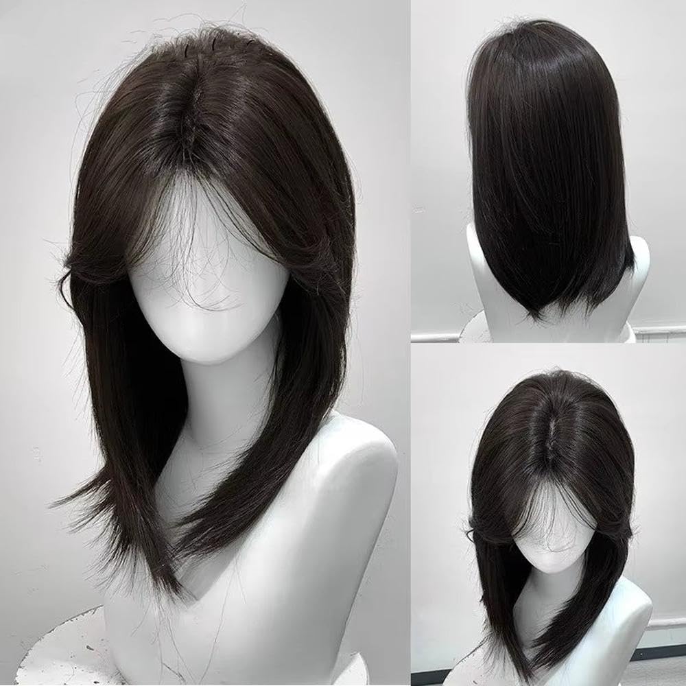 Haarpflege Schwarze Kurze Gerade Mittelteil Stufenhaar Perücke Für Damen Party Perücken Für Den Täglichen Gebrauch(Brown)