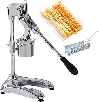 30cm Manual French Fries Maker,Fried Potato Strips Squeezers,Potato Slicer Fry Cutter Long Fries Extruder, Vertical Potato Chips Squeezer Machine with Matching Basket