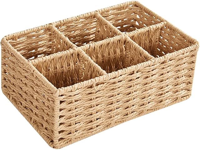 Cabilock Sundries Wicker Storage Baskets 6 Compartment Caddy Rattan Decorative Bin Dividers Bathroom Basket Organizer Baskets for Organizing Wicker Baskets