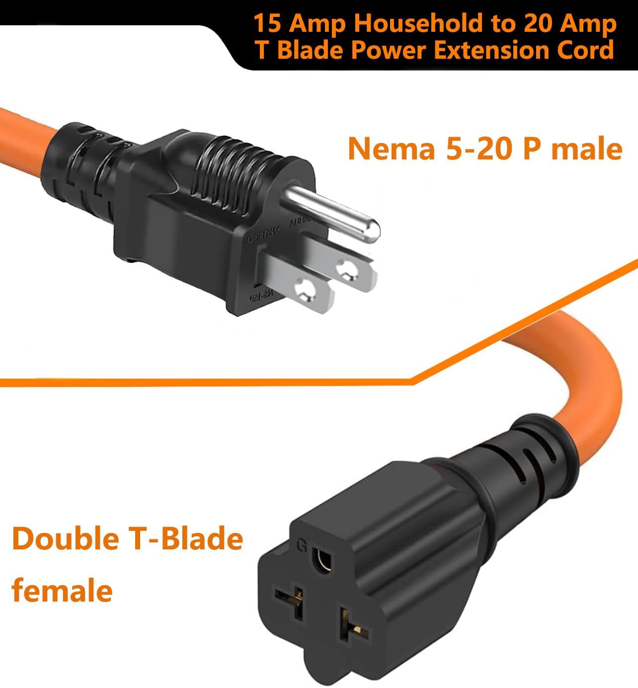 12AWG 15 Amp to 20 Amp Plug Adapter [4-in-1], Heavy-Duty Extension Cord, Nema 5-20P to 5-20R/15R/ 6-15R/ 20R 20AMP T-Blade Adapter Cable, 125V 15A to 20A 250V Extension Power Cord, 1FT, Orange