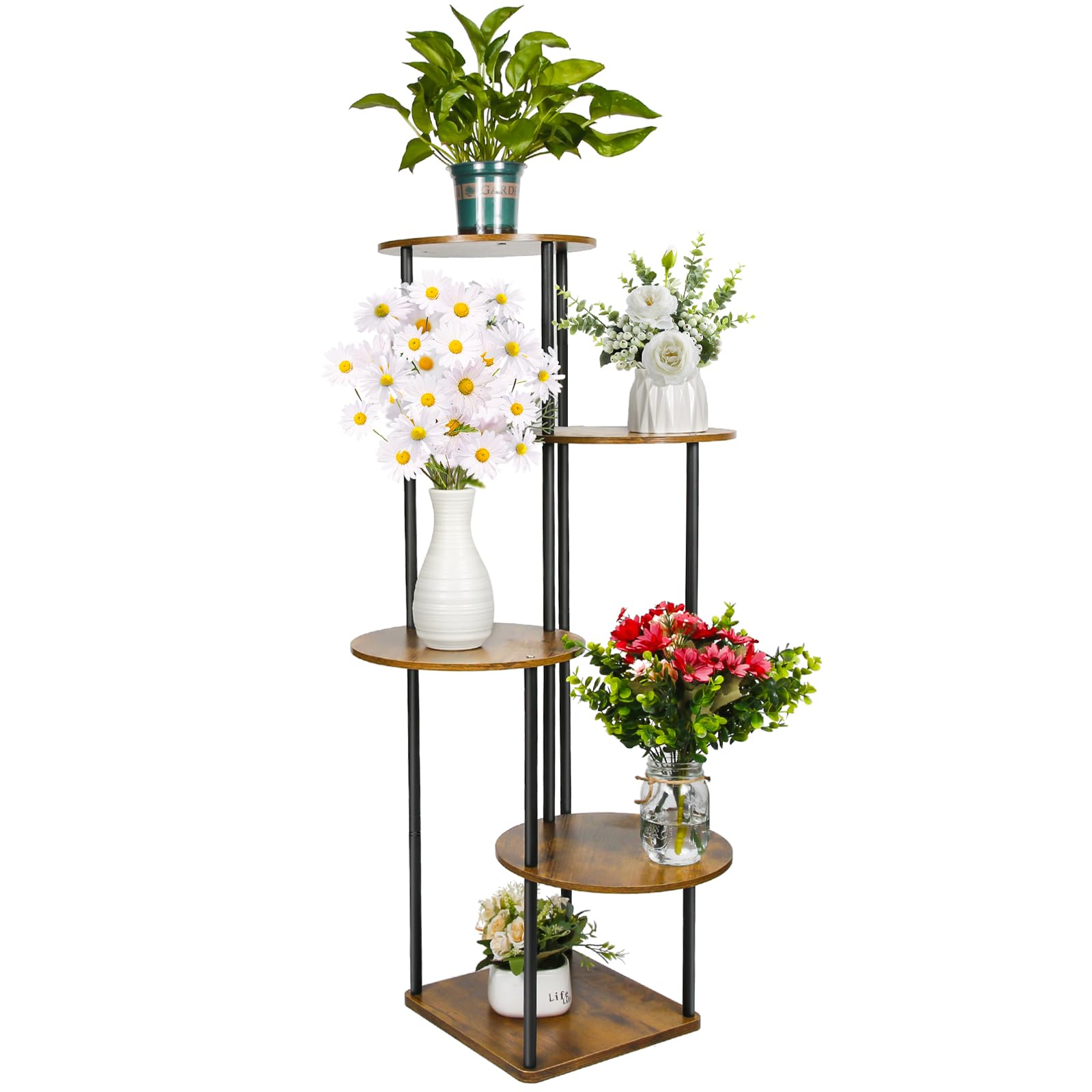 Teklemon Soporte Plantas Interior, Estanteria Plantas de 5 Niveles Estantería para Plantas Soporte para Macetas de Madera Estante Vertical para Esquina para Interiores Exteriores Jardín Balcón(Ronda)
