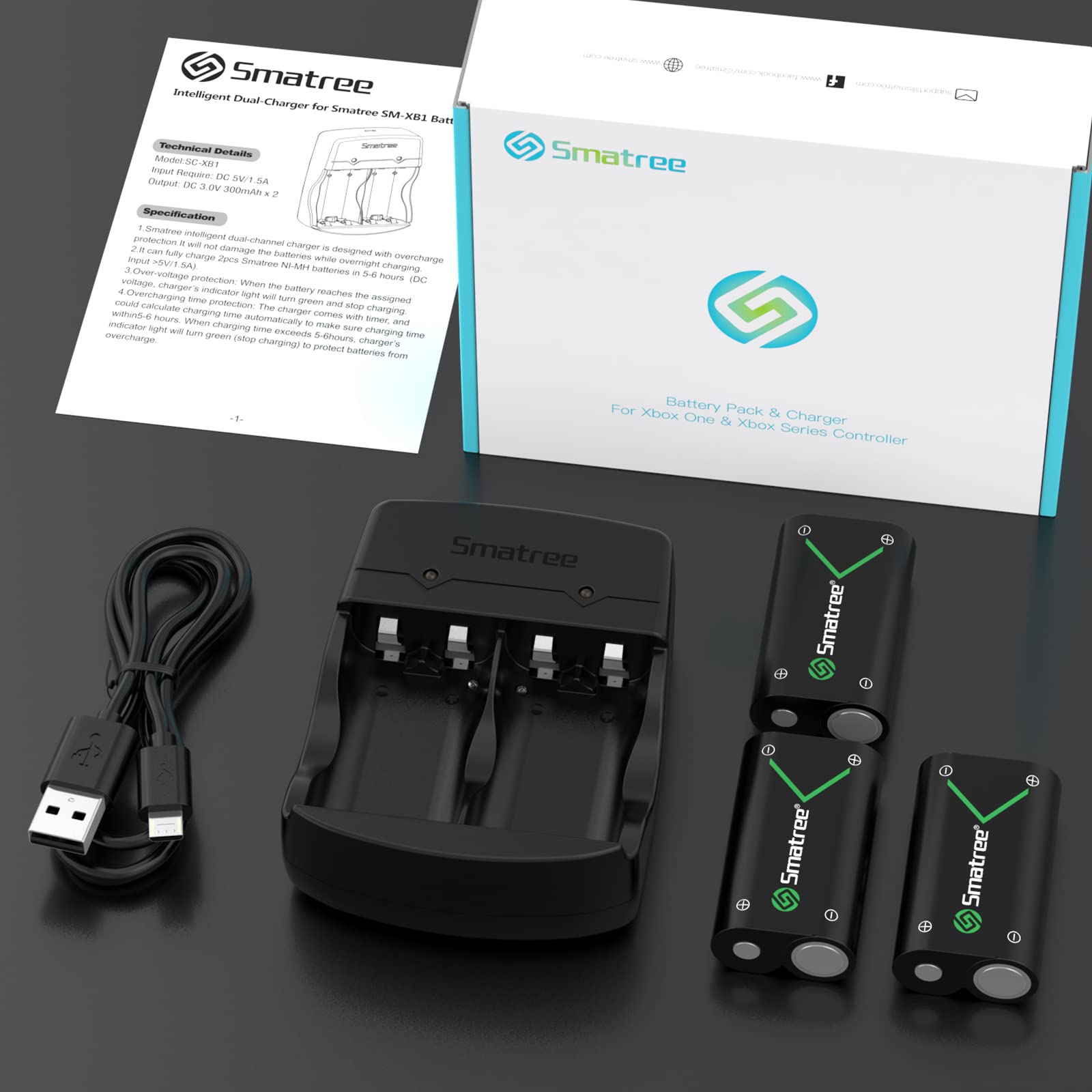 Smatree Kit di batterie ricaricabili per controller Xbox Series X/Xbox Series S/Xbox One/Xbox One S/Xbox One X/Xbox Elite Wireless,2000mAh (3-Pack) NI-MH Batterie e caricabatterie con 2 slot