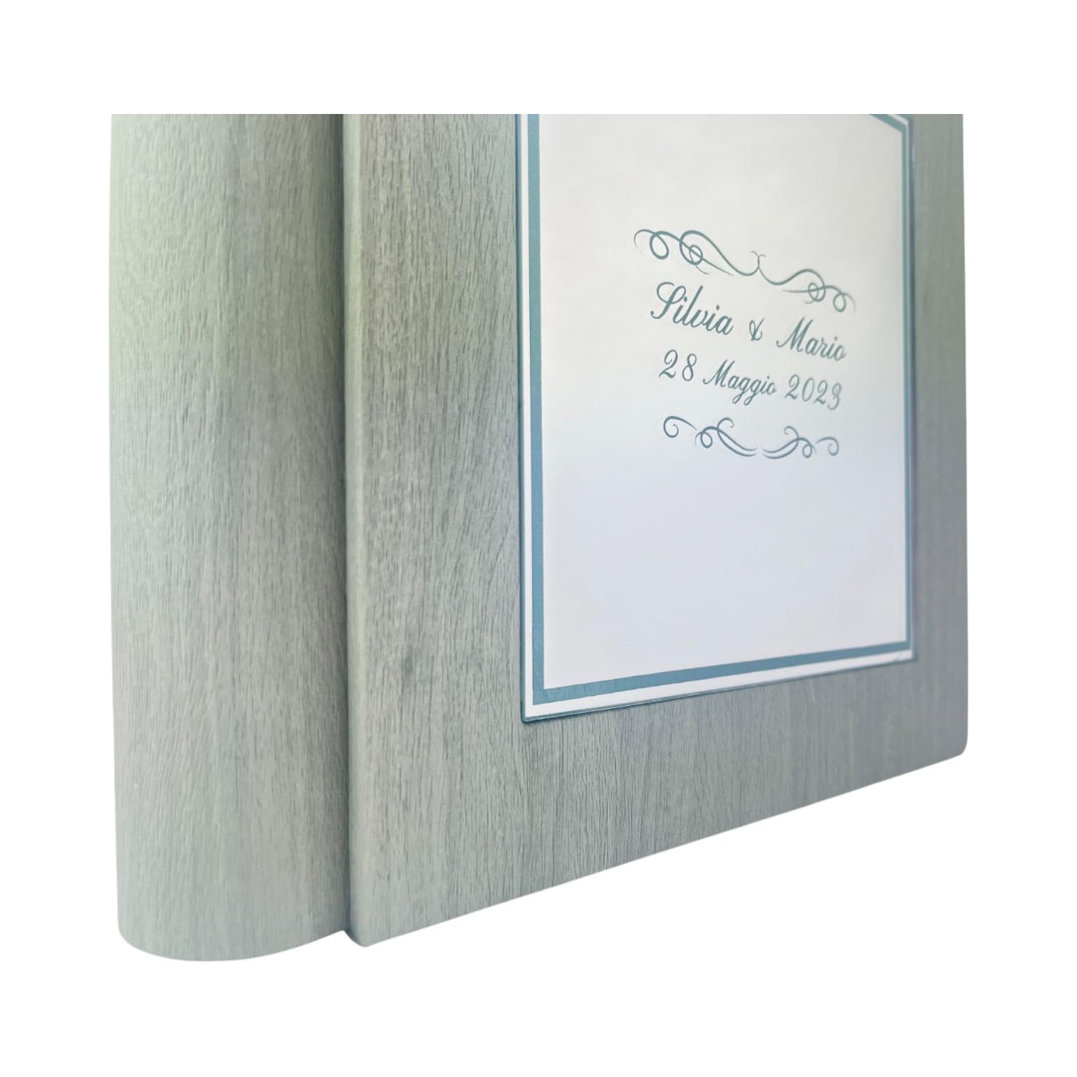 Album fotografico -Giove Mirror- in ecopelle effetto legno con riquadro Plex Specchio leserato e colorato personalizzabile, classico con velina, Nozze Comunione Anniversario Matrimonio (Verde Acqua)