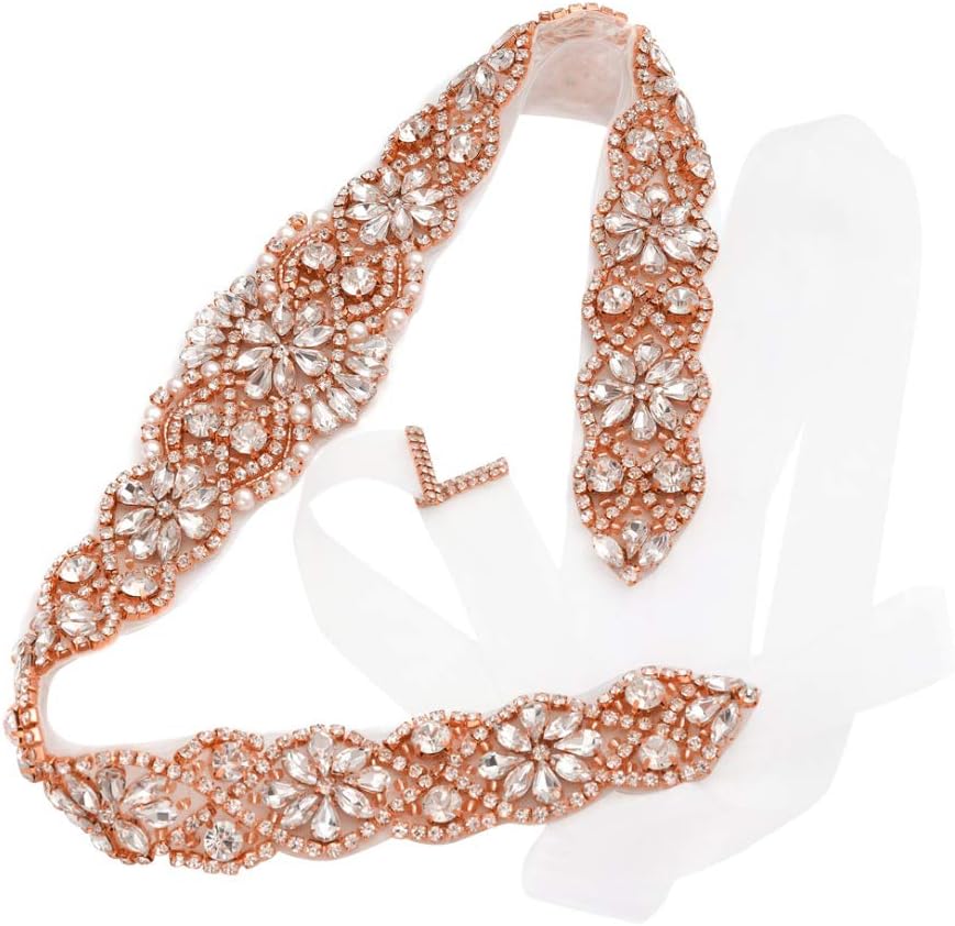 yanstar Bridal Belt Hand Rhinestone Wedding Belt Clear Crystal 22In Length with White Organza Ribbon for Wedding Dress