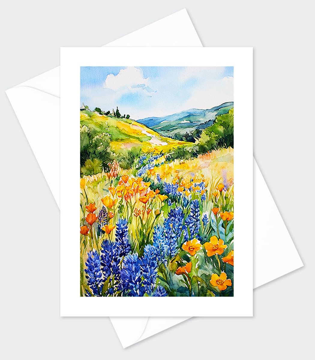 Lot de 10 cartes de vœux motif paysage floral avec enveloppes - Intérieur vierge - Image aquarelle d'une belle scène florale - Cadeau idéal