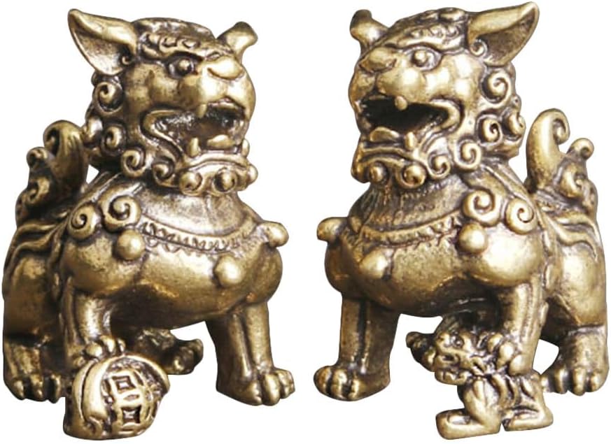 FOMIYES Retro Brass Lion Figurines Set 2Pcs Mini Desktop Animal Statues Home Office Decor Feng Shui Symbolic Ornament
