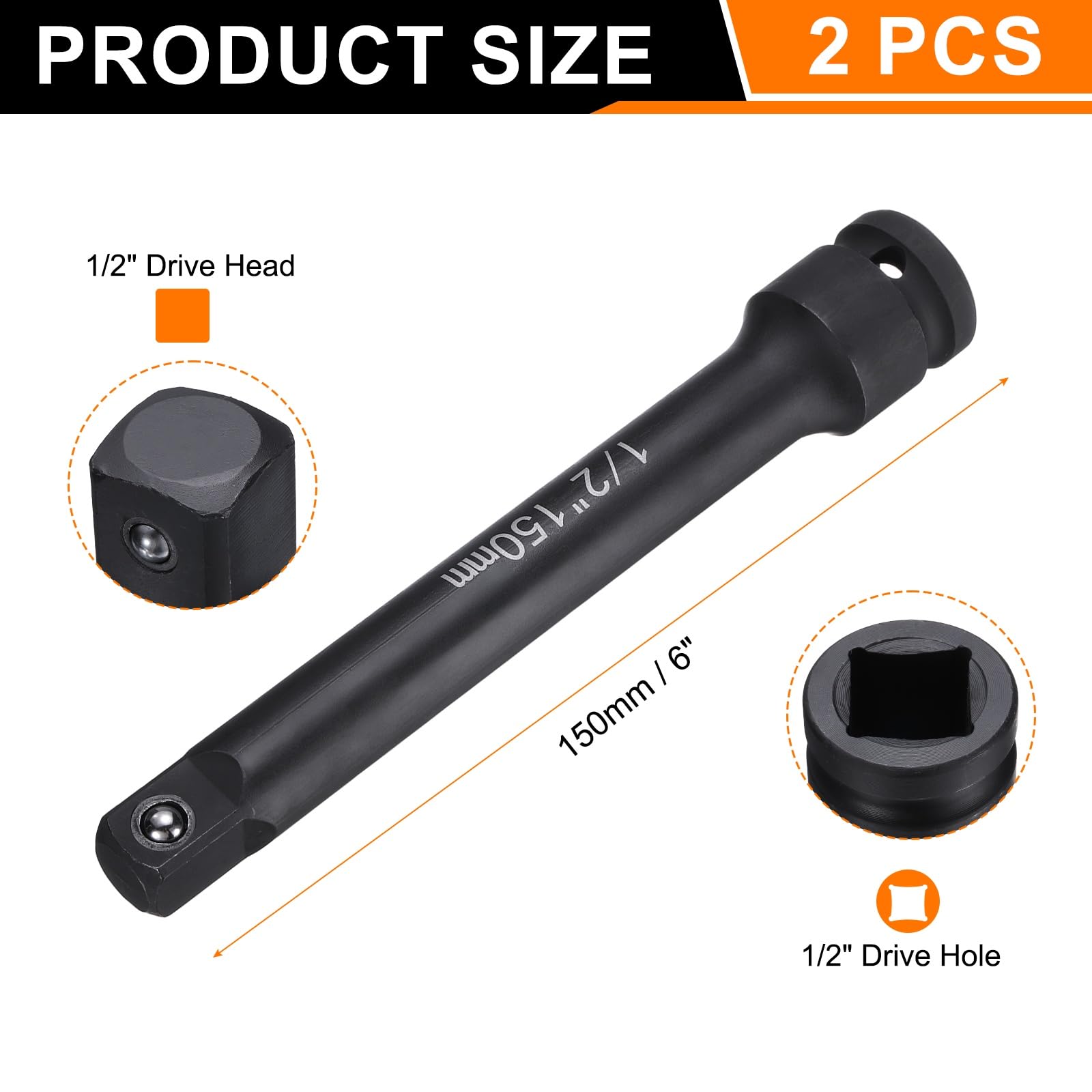 QUARKZMAN 2 Pezzi Prolunga Per Presa Ad Impulso Attacco Quadrato 1/2" Lunghezza 6" Asta Di Prolunga In Acciaio CR-V Adattatore Per Chiave A Cricchetto Per Dadi Mozzo Neri;