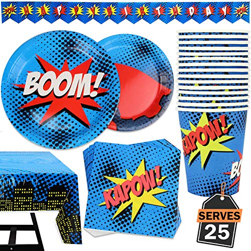 102 piezas de Accesorios para Fiesta de Superhéroe Artículos de Decoración de Celebración Temática Set de Pancarta, Platos, Vasos, Servilletas y Mantel, 25 Personas
