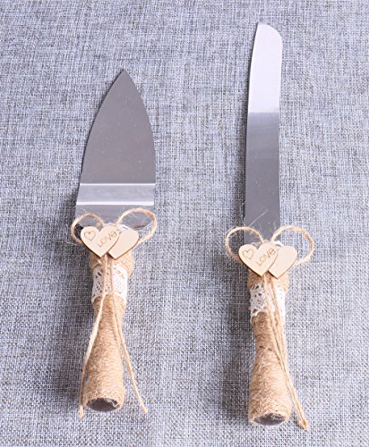 Set of 2, Rustic Wedding Cake Knife and Serving Set with Twine Heart Love Wood Tag Burlap Lace