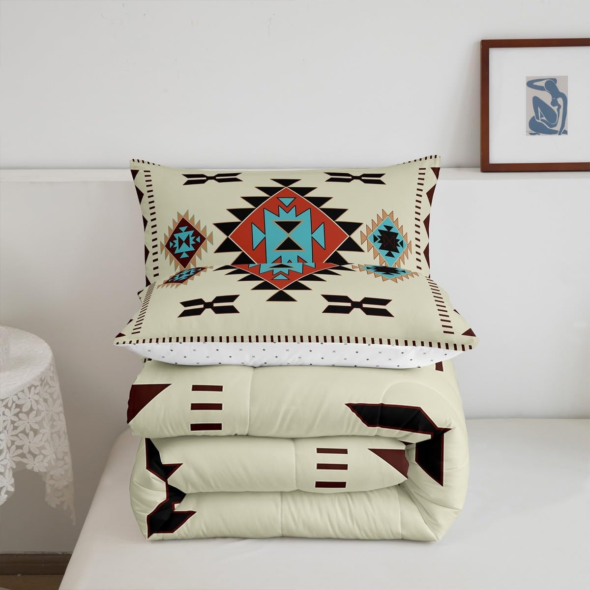 jejeloiu Boho Comforter Set Queen Size Tribal Comforter Set Southwestern Geometric Bedding Set Southwest Native American Design Duvet Set Dark Beige Quilt Set - Image 5