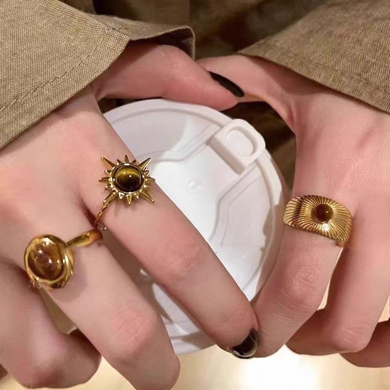 3Pcs Tiger's Eye Chunky Ring Vintage Gold Knuckle Rings Set for Women Boho Retro Sun Stackable Rings Adjustable Open Ring Aesthetic Sunburst Statement Rings Christmas Birthday Jewelry Gift - Image 2