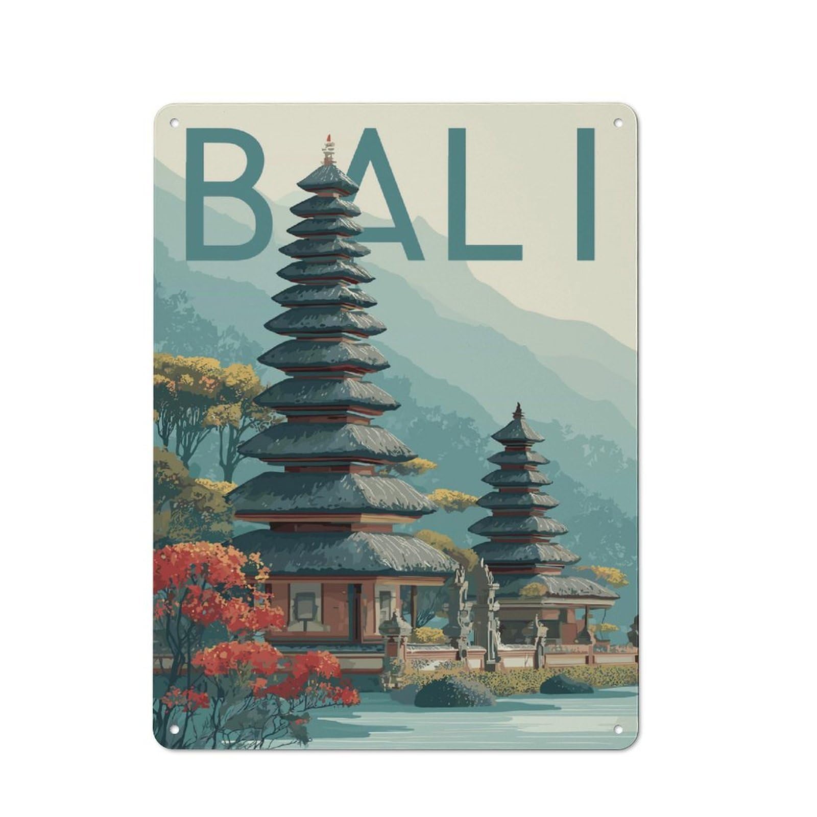 Junmoney Style-23 Workshop Style Bali Temple Illustration Decorative Metal Plaque 40X30cm, Shed Wall Plaque For Tool Room, Garage, Studio Or Home Bar