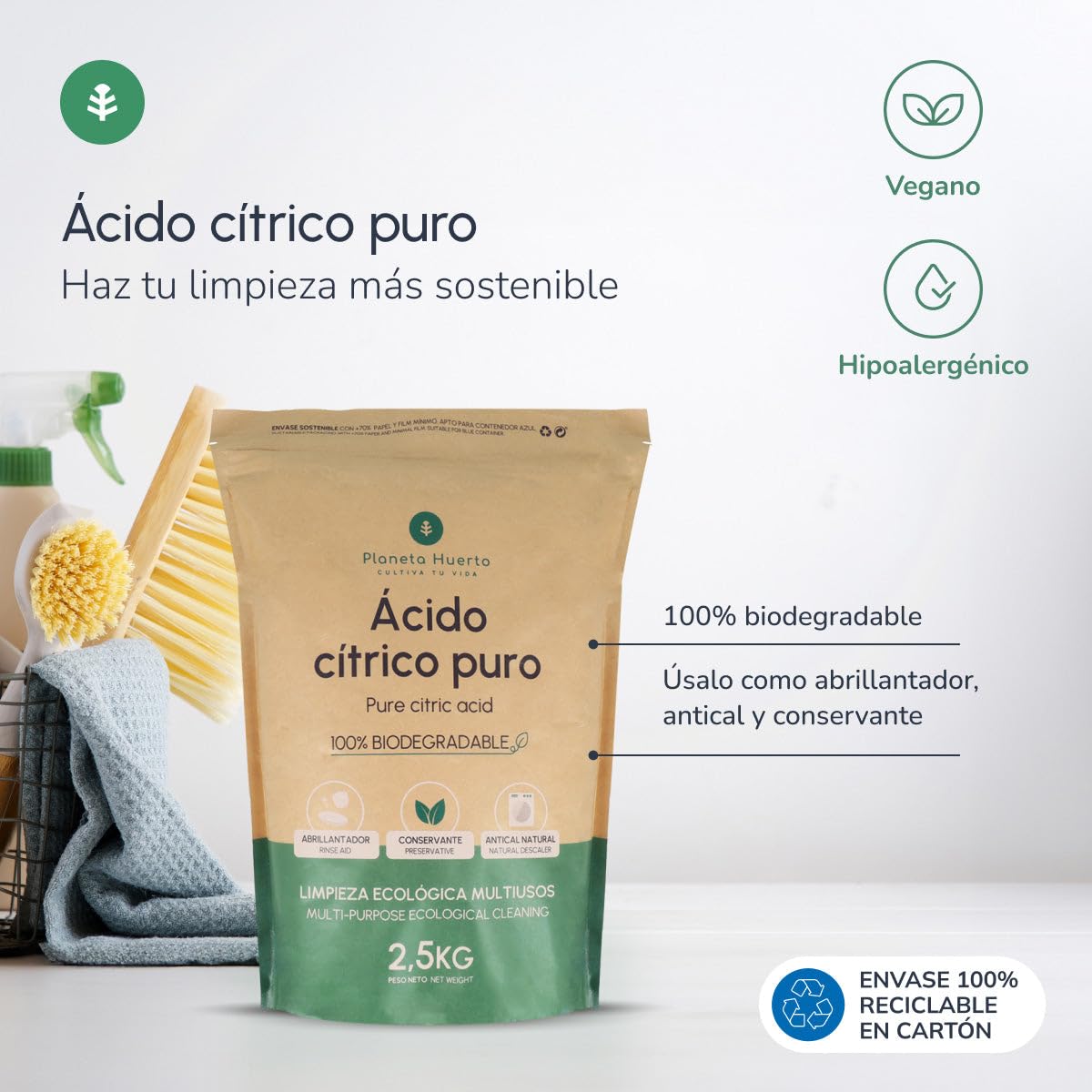 PLANETA HUERTO | Pack 6x Ácido Cítrico Ecológico – Ácido cítrico en polvo multiusos para limpieza ecológica, abrillantador, antical y detergentes caseros