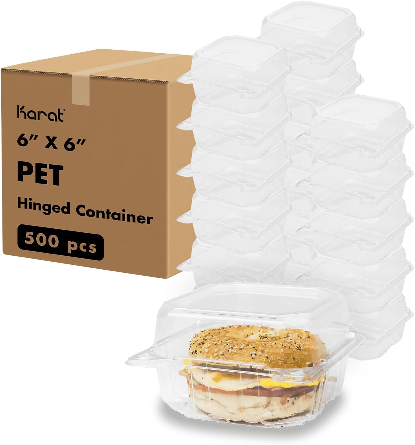 Karat 5.8inch Clear Plastic Hinged Clamshell Food Containers - Durable, Stackable, Crack-Resistant To-Go Boxes, Case of 500, FP-HC66PET-1C